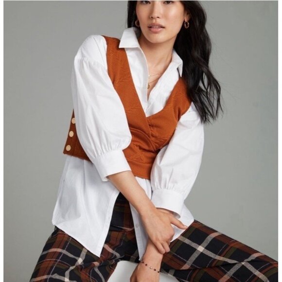 Anthropologie Maeve Side Button Crop Top Over Vest Size XS Quilted‎ Rustic Boho - Picture 1 of 11